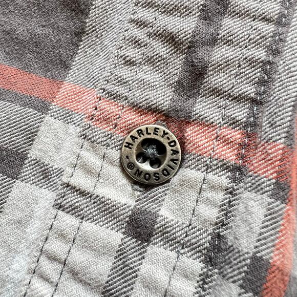 Lightweight Harley Davidson Embroidered Plaid Flannel Shirt Button Gray Orange - Picture 6 of 11